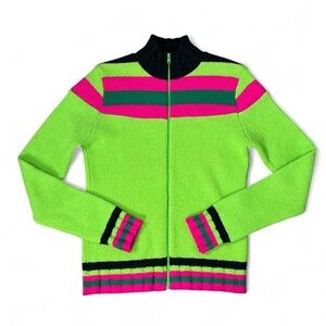 Vintage Vibrant Green and Pink Zip-Up Sweater Made in Spain